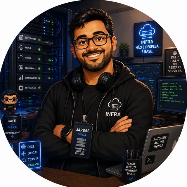 Jarbas INFRA: Firewall, logs e alertas que viram cards automaticamente.